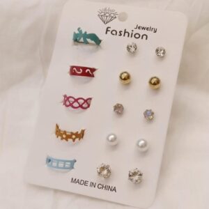 Set of 5 Rings and 5 Stud Earrings - Multi Colors Stainless Adjustable Rings For Girls