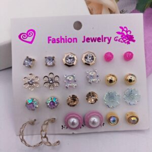 12 Pair / lot Stud Earrings Set For Women Girls Colorful Round Rhinestone Small Earring Luxury Wedding Jewelry Gifts
