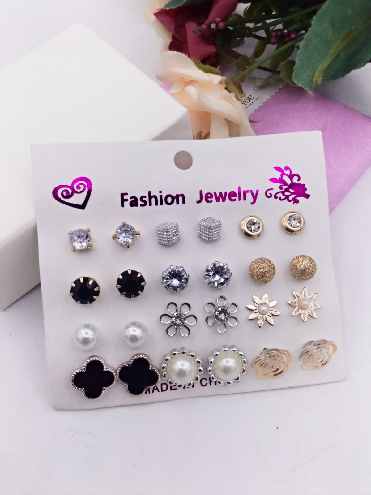 12 Pair / lot Stud Earrings Set For Women Girls Colorful Round Rhinestone Small Earring Luxury Wedding Jewelry Gifts