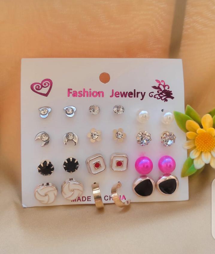 12 Pair / lot Stud Earrings Set For Women Girls Colorful Round Rhinestone Small Earring Luxury Wedding Jewelry Gifts