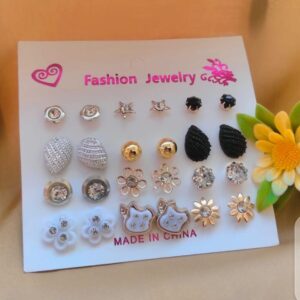 12 Pair / lot Stud Earrings Set For Women Girls Colorful Round Rhinestone Small Earring Luxury Wedding Jewelry Gifts