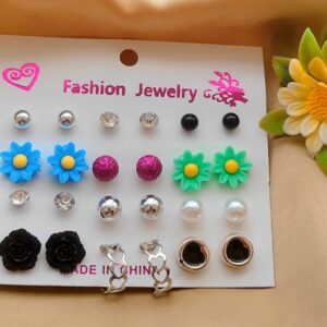 12 Pair / lot Stud Earrings Set For Women Girls Colorful Round Rhinestone Small Earring Luxury Wedding Jewelry Gifts