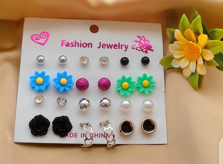 12 Pair / lot Stud Earrings Set For Women Girls Colorful Round Rhinestone Small Earring Luxury Wedding Jewelry Gifts