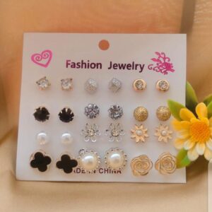 12 Pair / lot Stud Earrings Set For Women Girls Colorful Round Rhinestone Small Earring Luxury Wedding Jewelry Gifts