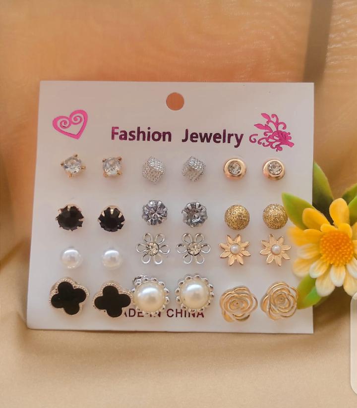 12 Pair / lot Stud Earrings Set For Women Girls Colorful Round Rhinestone Small Earring Luxury Wedding Jewelry Gifts