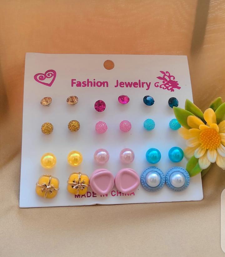 12 Pair / lot Stud Earrings Set For Women Girls Colorful Round Rhinestone Small Earring Luxury Wedding Jewelry Gifts