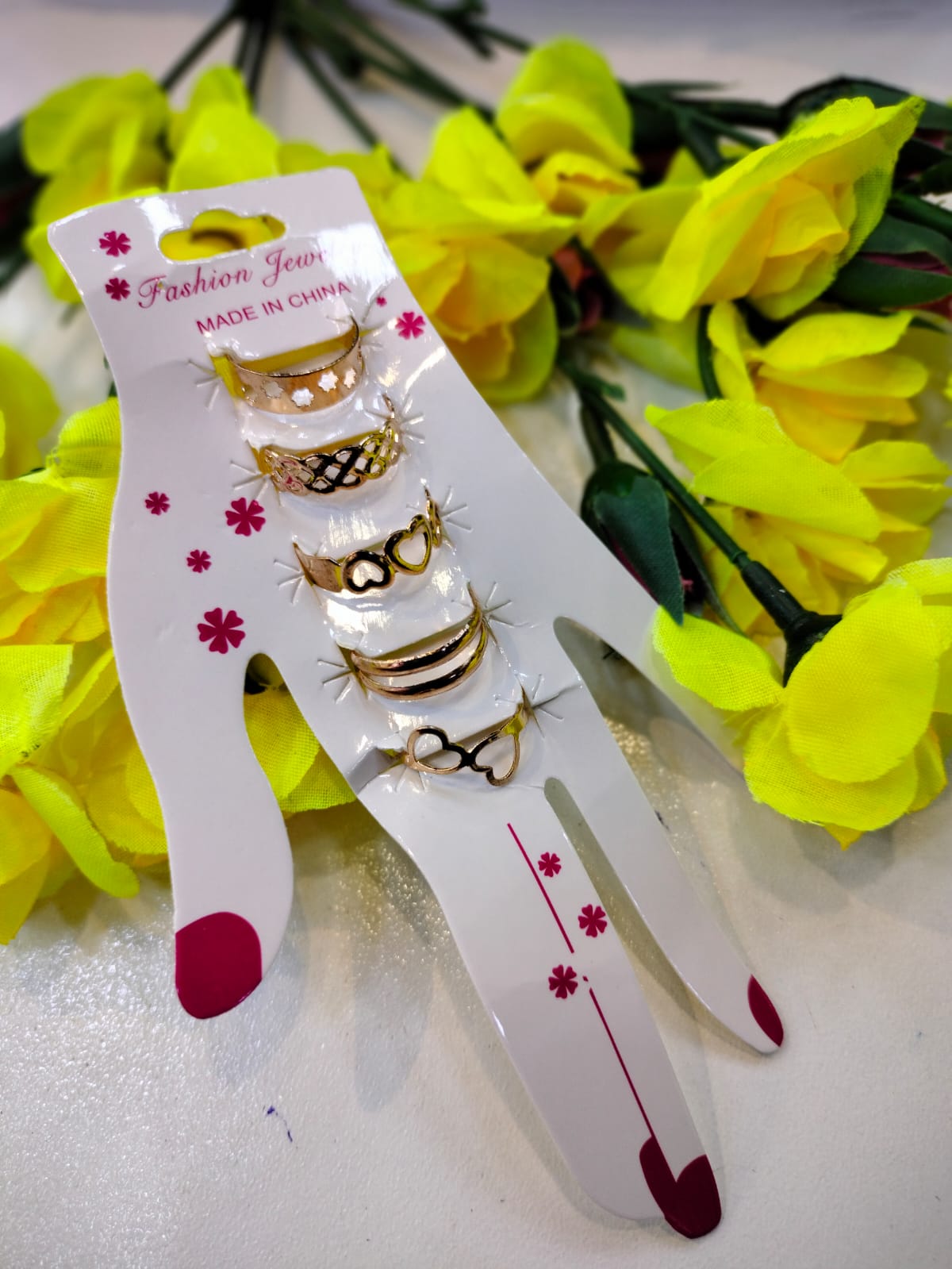 Set of 5 - Golden Stainless Adjustable Rings For Girls