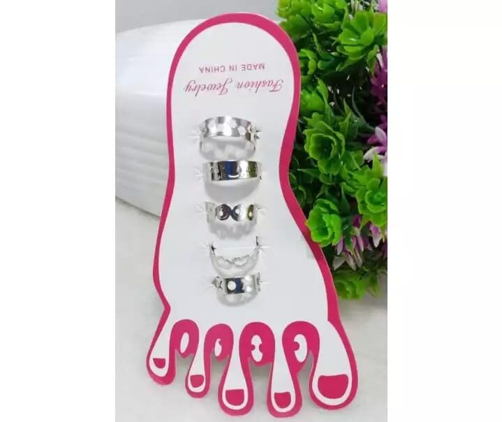 Set of 5 - Silver Stainless Adjustable Toe Rings For Girls