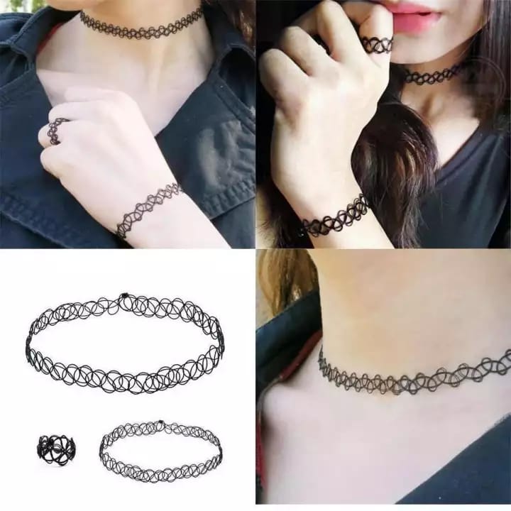Tattoo Choker Stretch Necklace/SET Black Elastic Jewelry Charms Bracelet & Necklace - Image 2