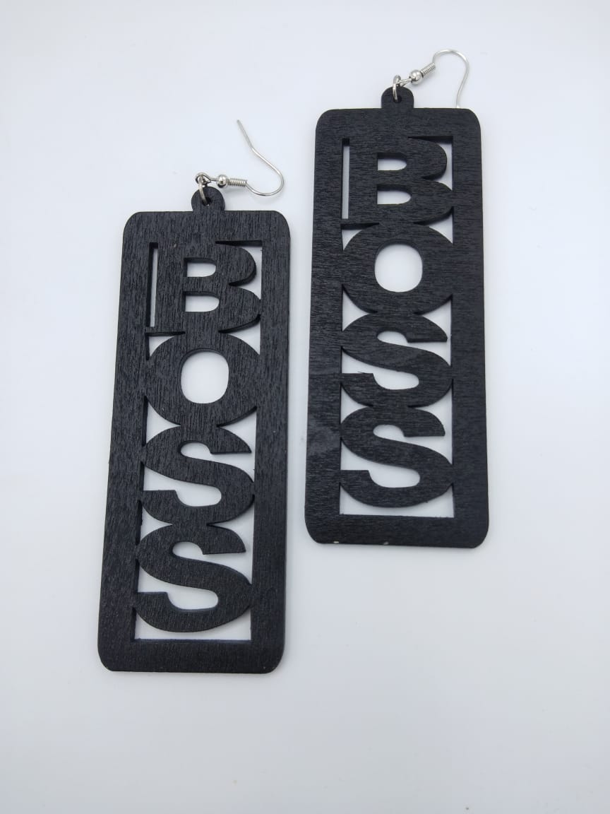 Trendy Newest Black Boss Wooden Earrings - Image 2