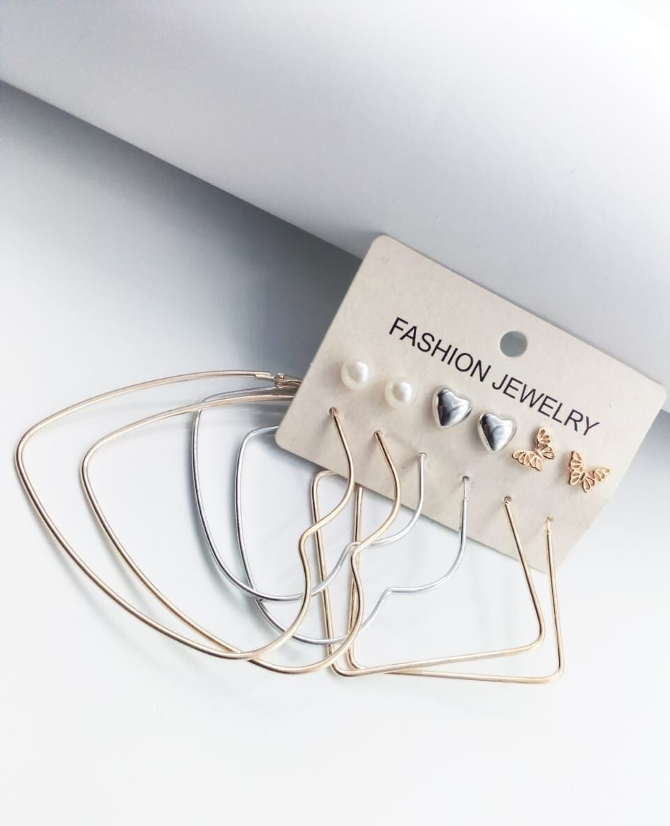 6 Pairs / Sets Golden and Silver Multi Shape Hoops and Studs (Bali and Tops)