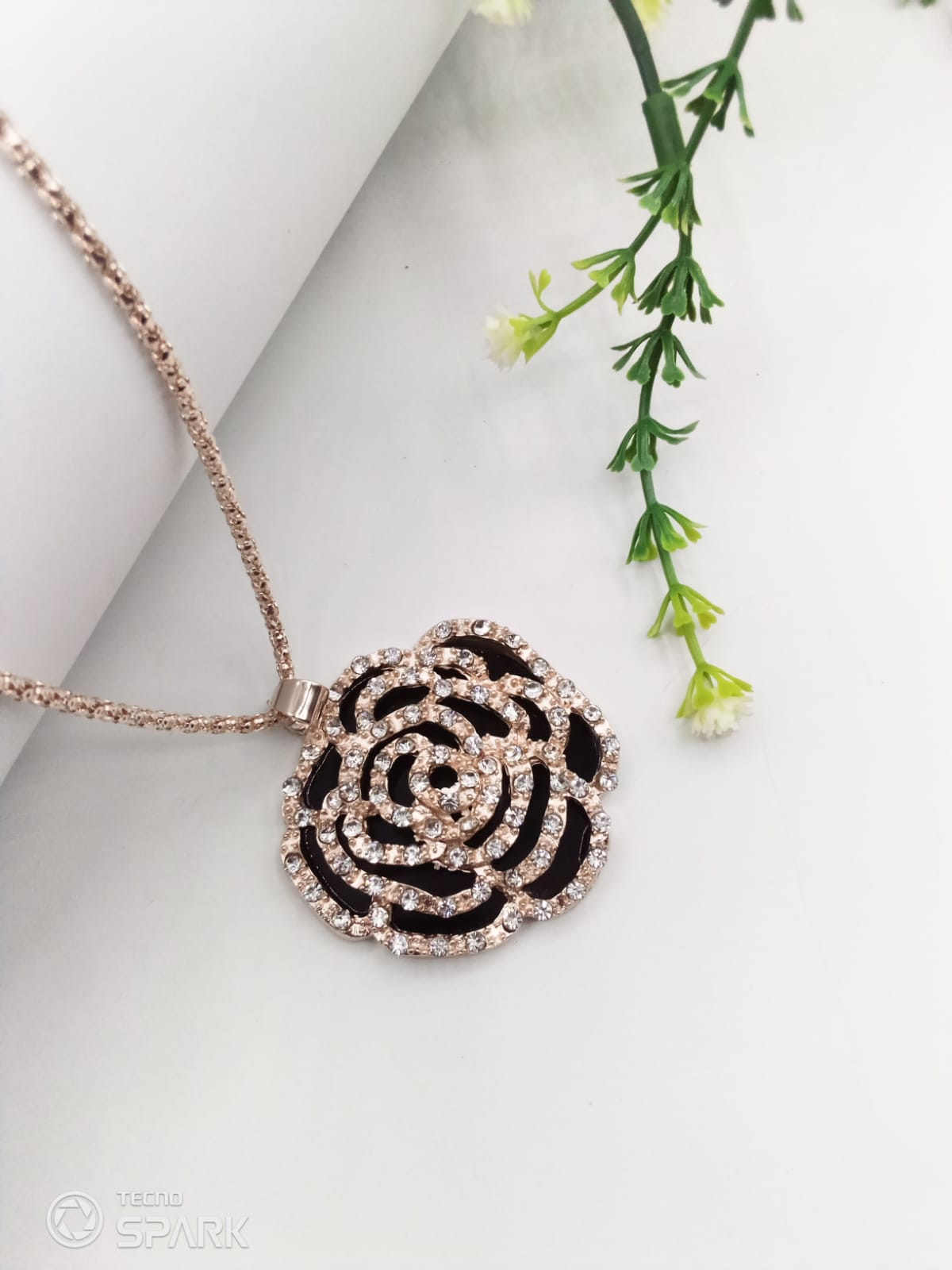 Golden Black Flower Pendant For Women Crystal Jewelry Charm Statement Chain Necklaces