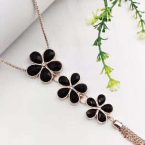 Golden Black Flowers Pendant For Women Crystal Jewelry Charm Statement Chain Necklaces