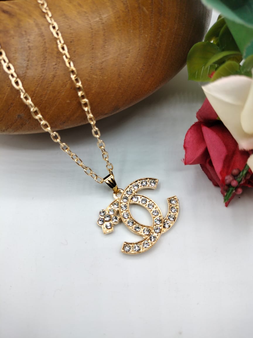 Golden CC Letters Pendant For Women Crystal Jewelry Charm Statement Chain Necklaces