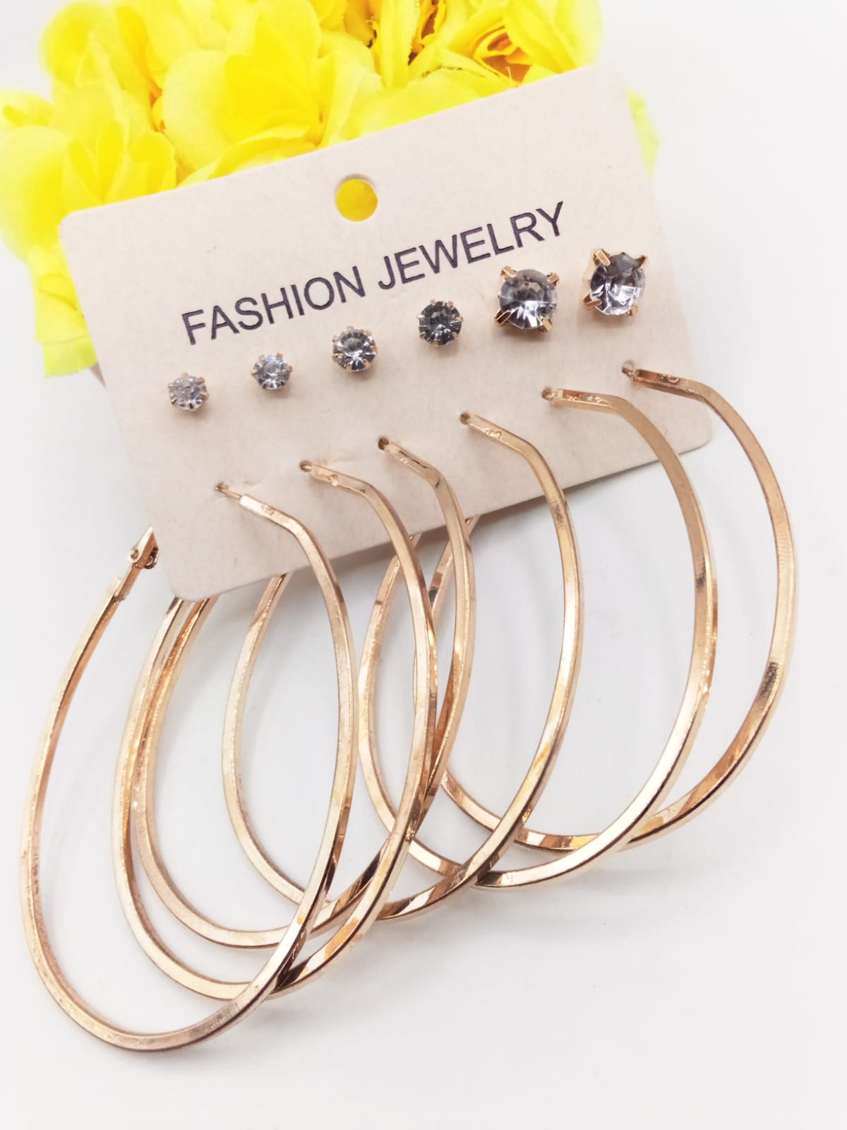 6 Pairs / Sets Golden Artificial Diamond Hoops and Studs (Bali and Tops)