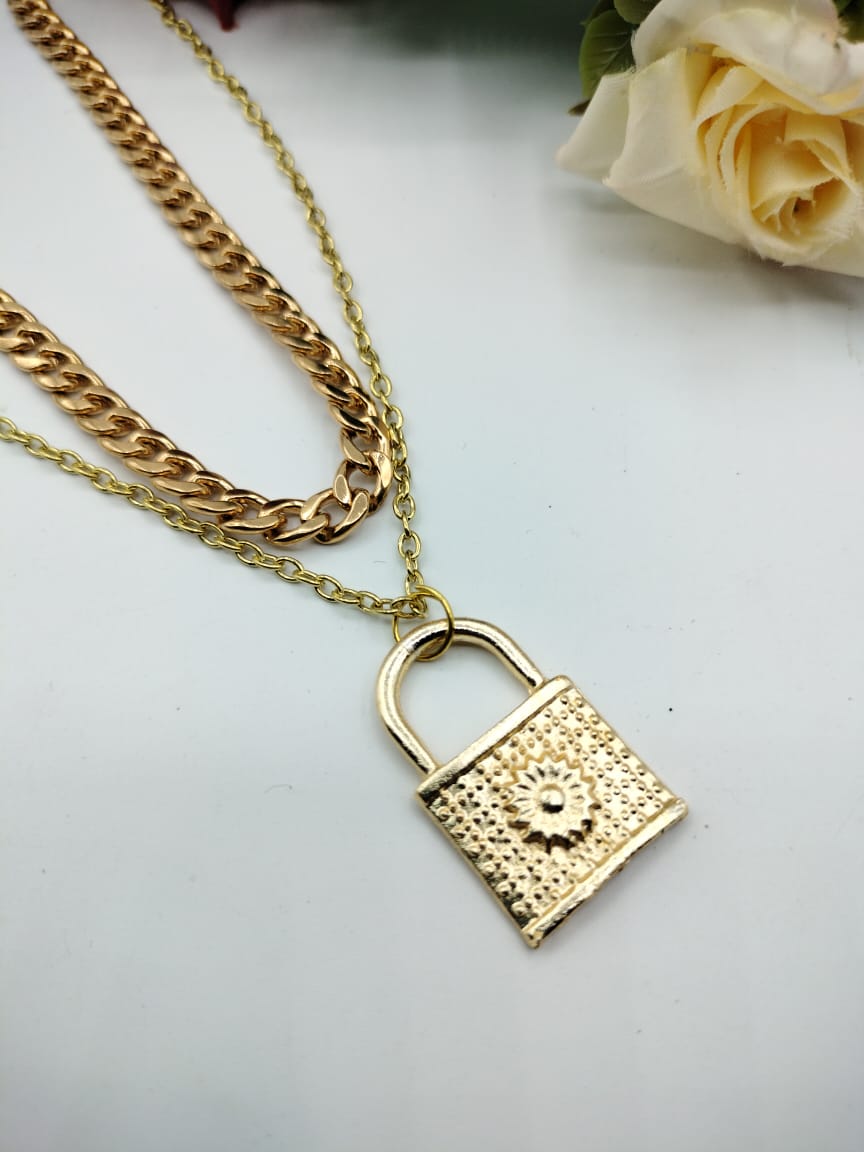Golden Lock Pendant For Women Crystal Jewelry Charm Statement Chain Necklaces