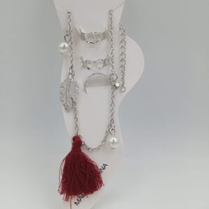 Silver Anklet Ring Mehroon Dori Set