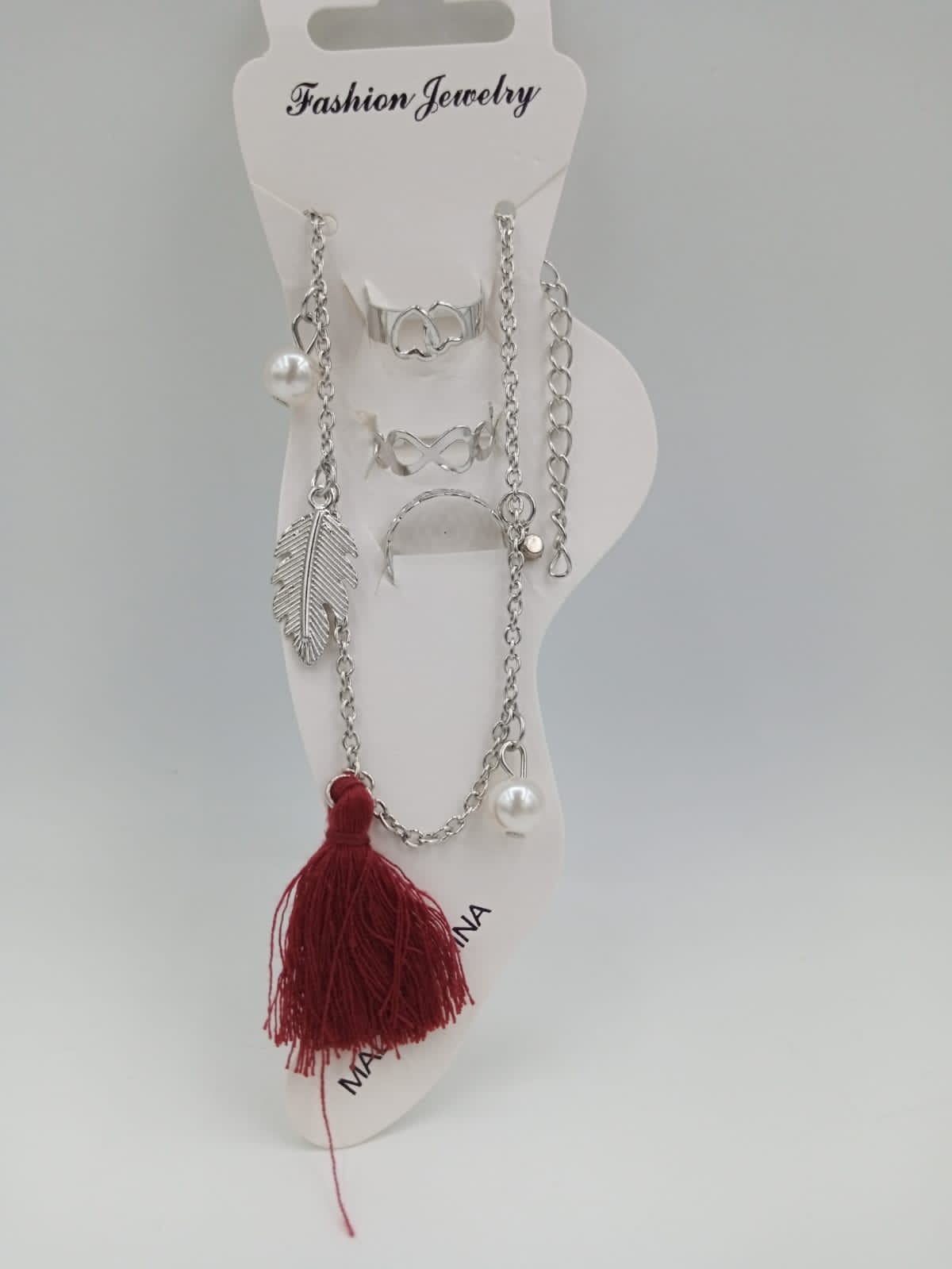 Silver Anklet Ring Mehroon Dori Set
