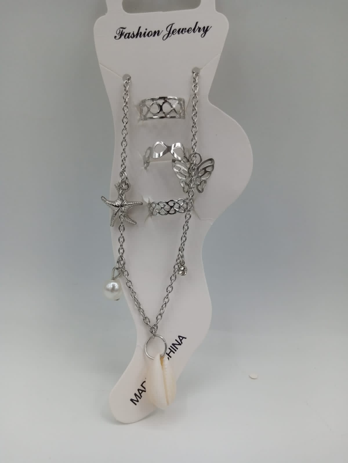 Silver Anklet Ring Seashell Set