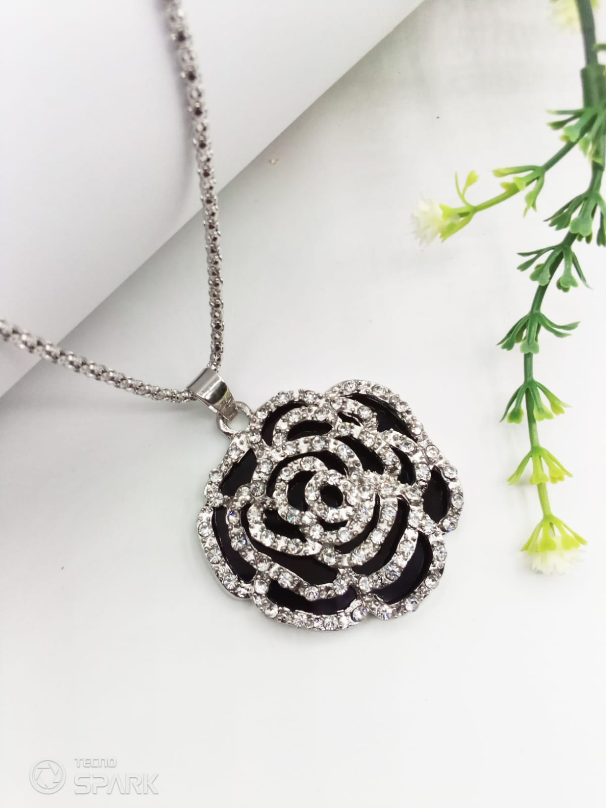 Black Flower Pendant For Women Crystal Jewelry Charm Statement Chain Necklaces