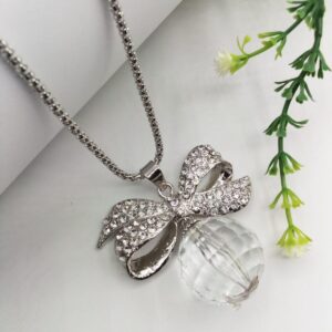 Silver Bow Pendant For Women Crystal Jewelry Charm Statement Chain Necklaces