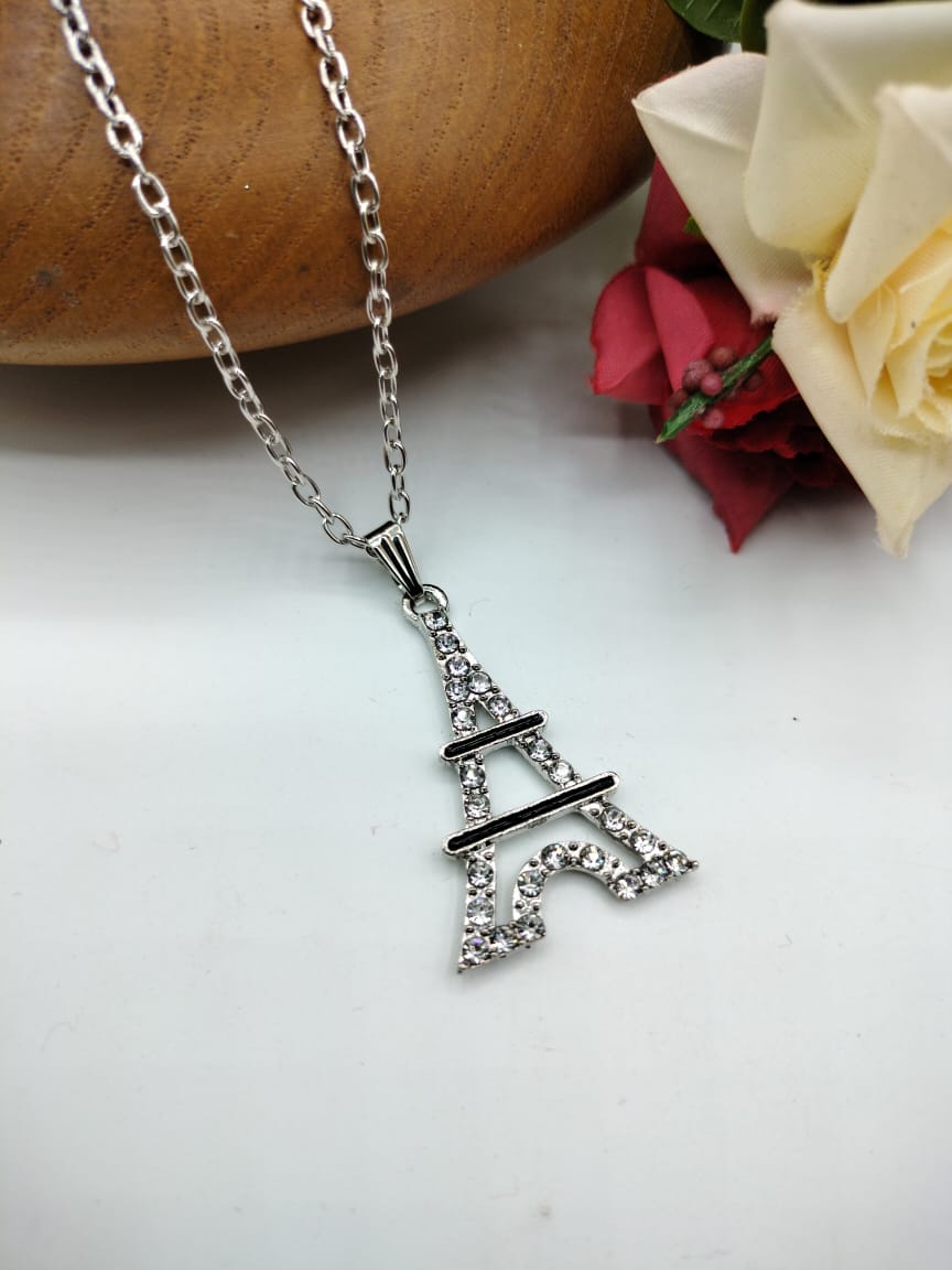 Silver Eiffel Pendant For Women Crystal Jewelry Charm Statement Chain Necklaces