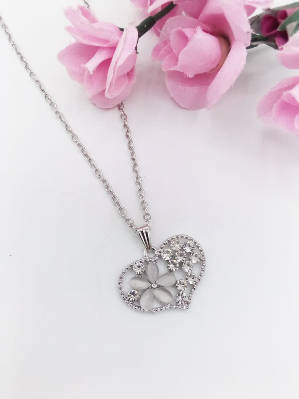 Silver Heart Pendant For Women Crystal Jewelry Charm Statement Chain Necklaces