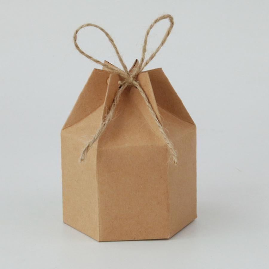 Kraft Card Gift Boxes Lantern Hexagon Kraft Paper Package Box with Twine Candy Chocolate Gift Packing Wrap for Wedding Party Christmas Brown - Image 5