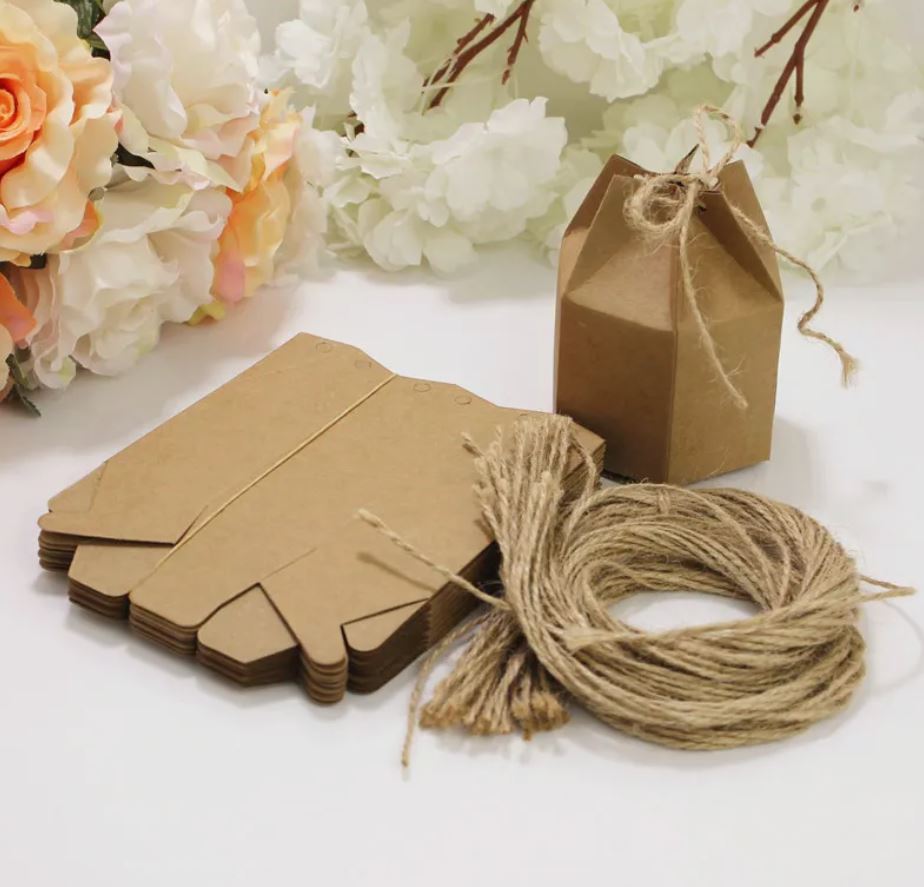 Kraft Card Gift Boxes Lantern Hexagon Kraft Paper Package Box with Twine Candy Chocolate Gift Packing Wrap for Wedding Party Christmas Brown - Image 2