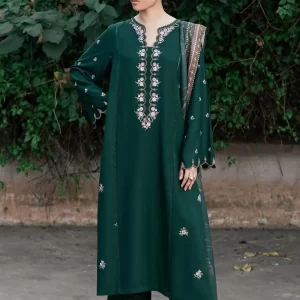 3 Pcs Women's Unstitched Embroidered Lawn Suit with Diamond Dupatta (Green)