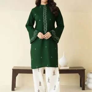 2 Pcs Women's Unstitched Embroidered Green Lawn Suit