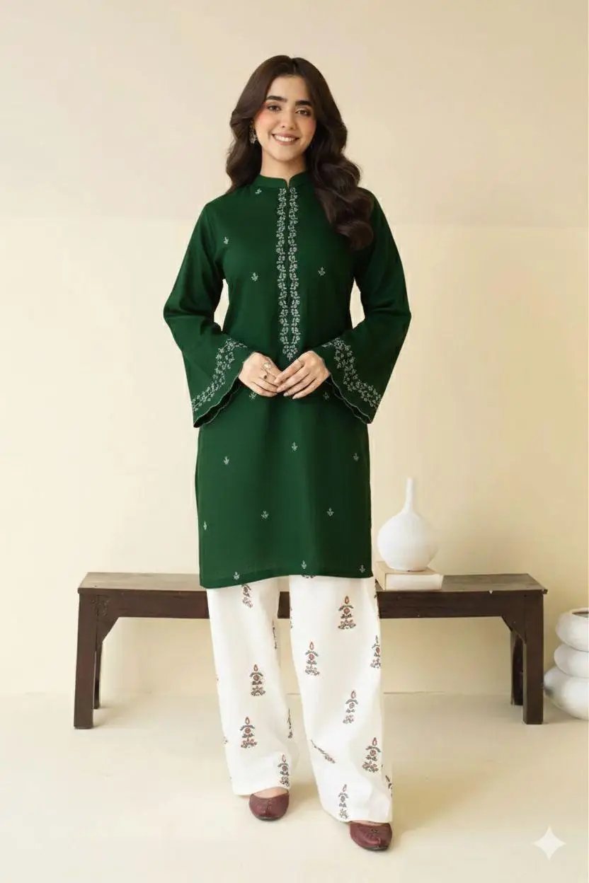 2 Pcs Women's Unstitched Embroidered Green Lawn Suit