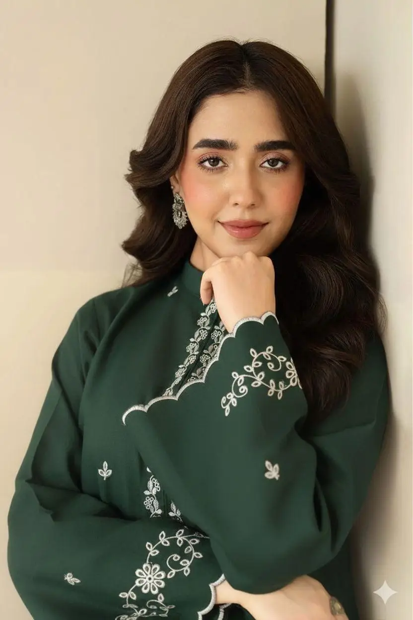 2 Pcs Women's Unstitched Embroidered Green Lawn Suit - Image 3