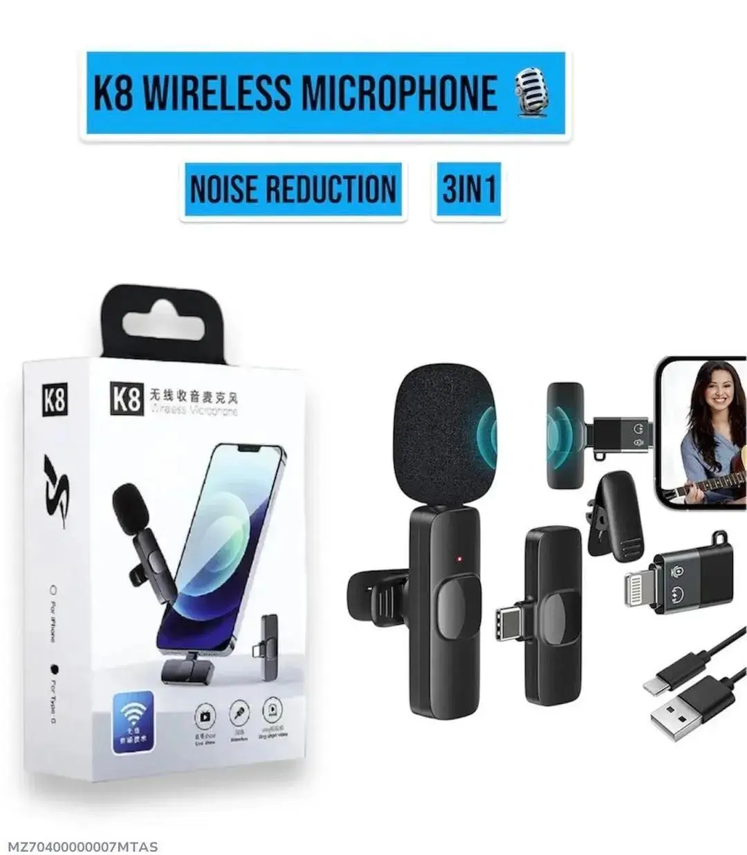Wireless MIC K8 MICROPHONE Vlogging Mic with Microphone Accessories Video for Type C Android, IOS Lightening & 3.5mm Jack - Image 2
