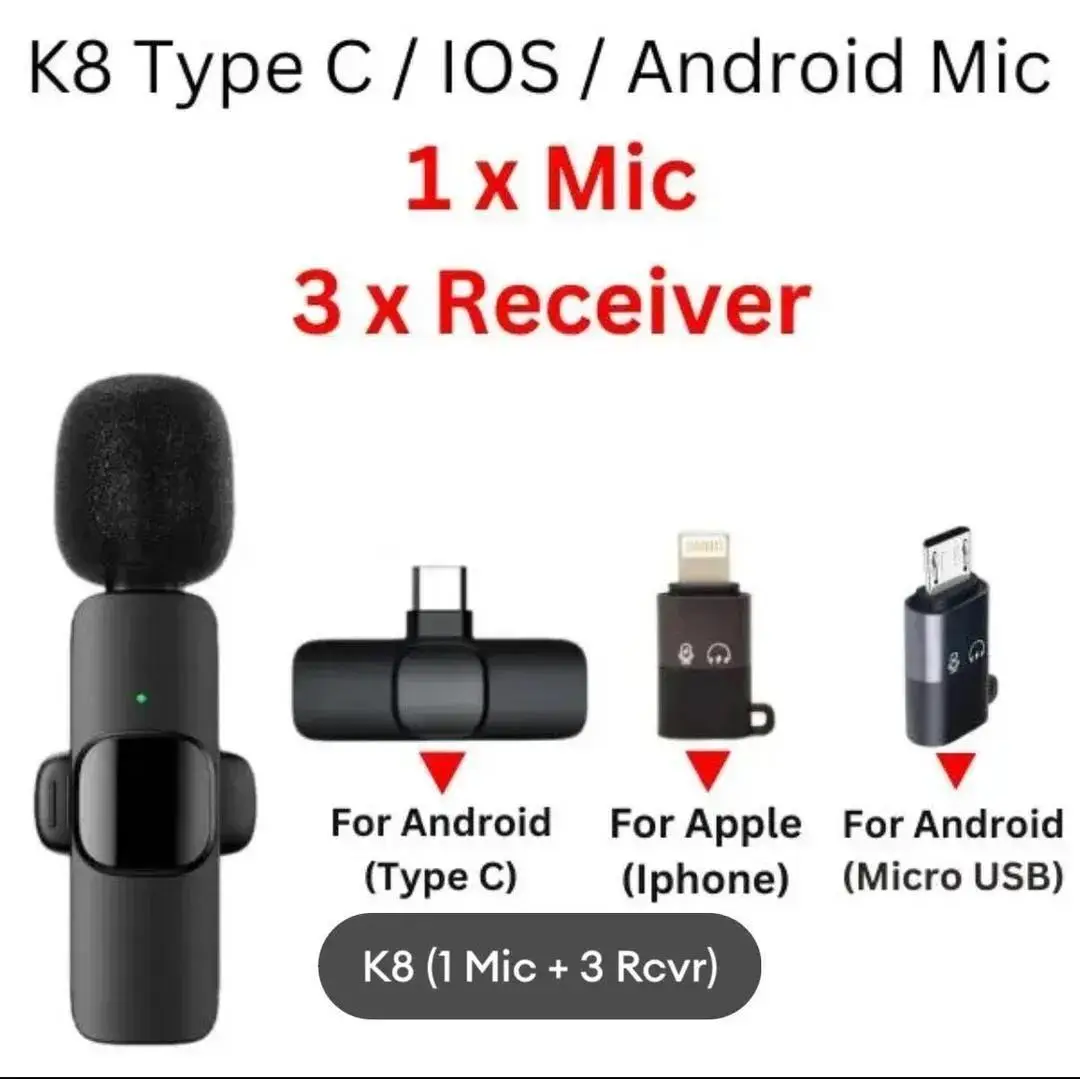 Wireless MIC K8 MICROPHONE Vlogging Mic with Microphone Accessories Video for Type C Android, IOS Lightening & 3.5mm Jack - Image 5