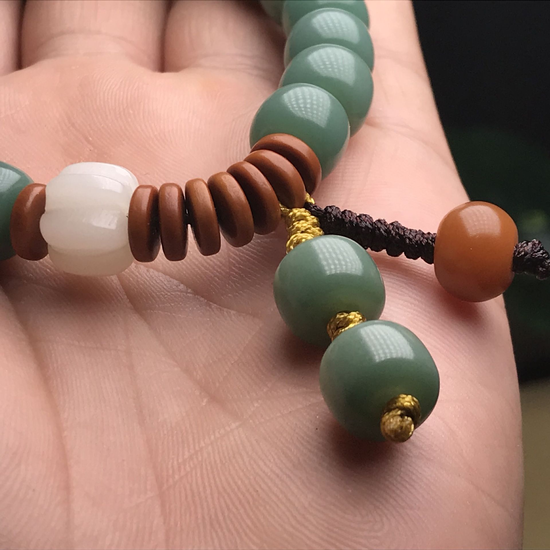 Green Bodhi Root Bracelet for Women with White & Brown Accents - Image 4