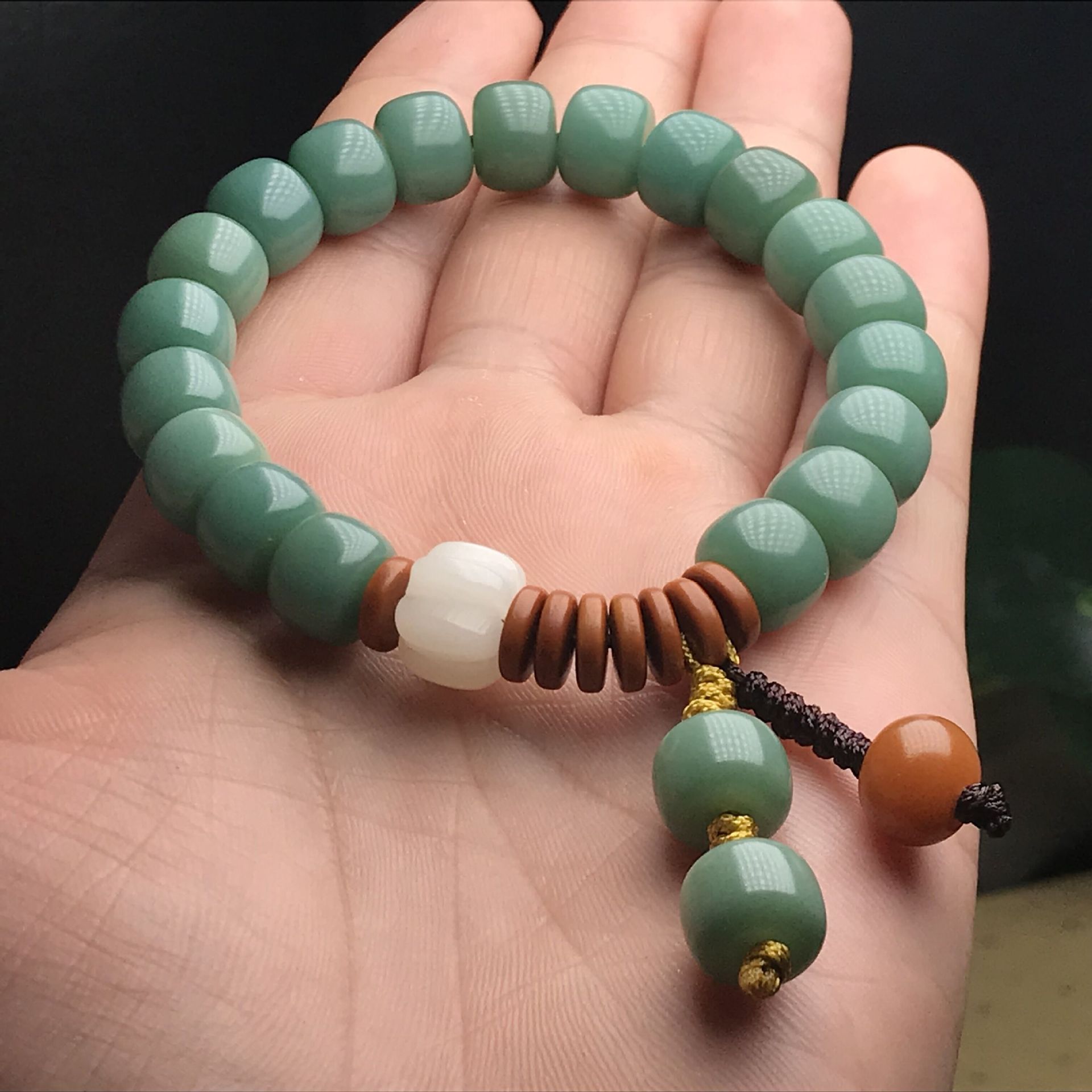 Green Bodhi Root Bracelet for Women with White & Brown Accents - Image 6