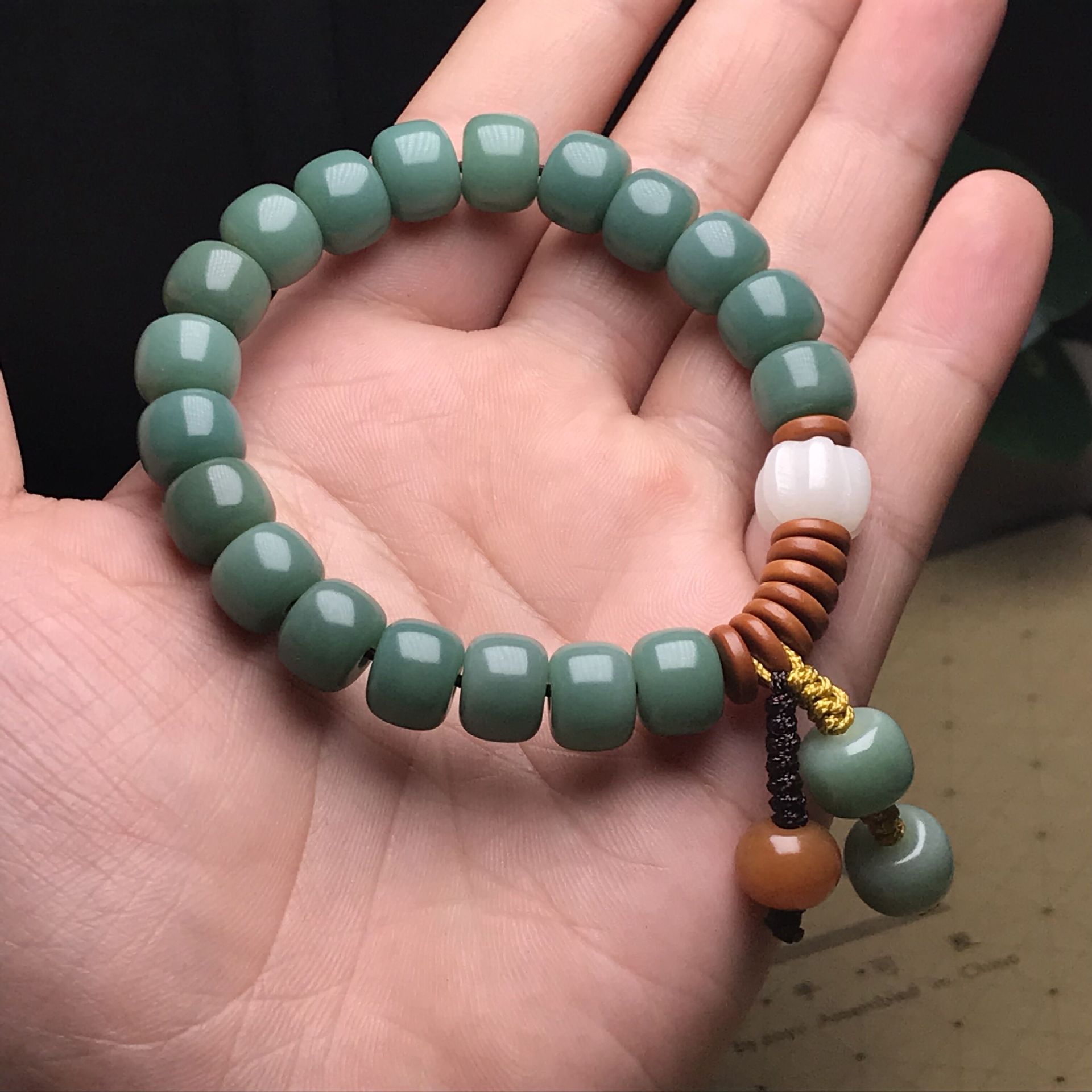 Green Bodhi Root Bracelet for Women with White & Brown Accents - Image 2