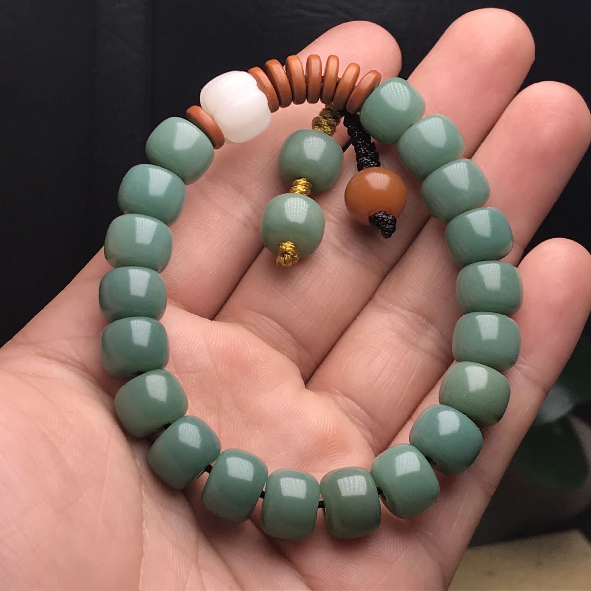 Green Bodhi Root Bracelet for Women with White & Brown Accents - Image 3