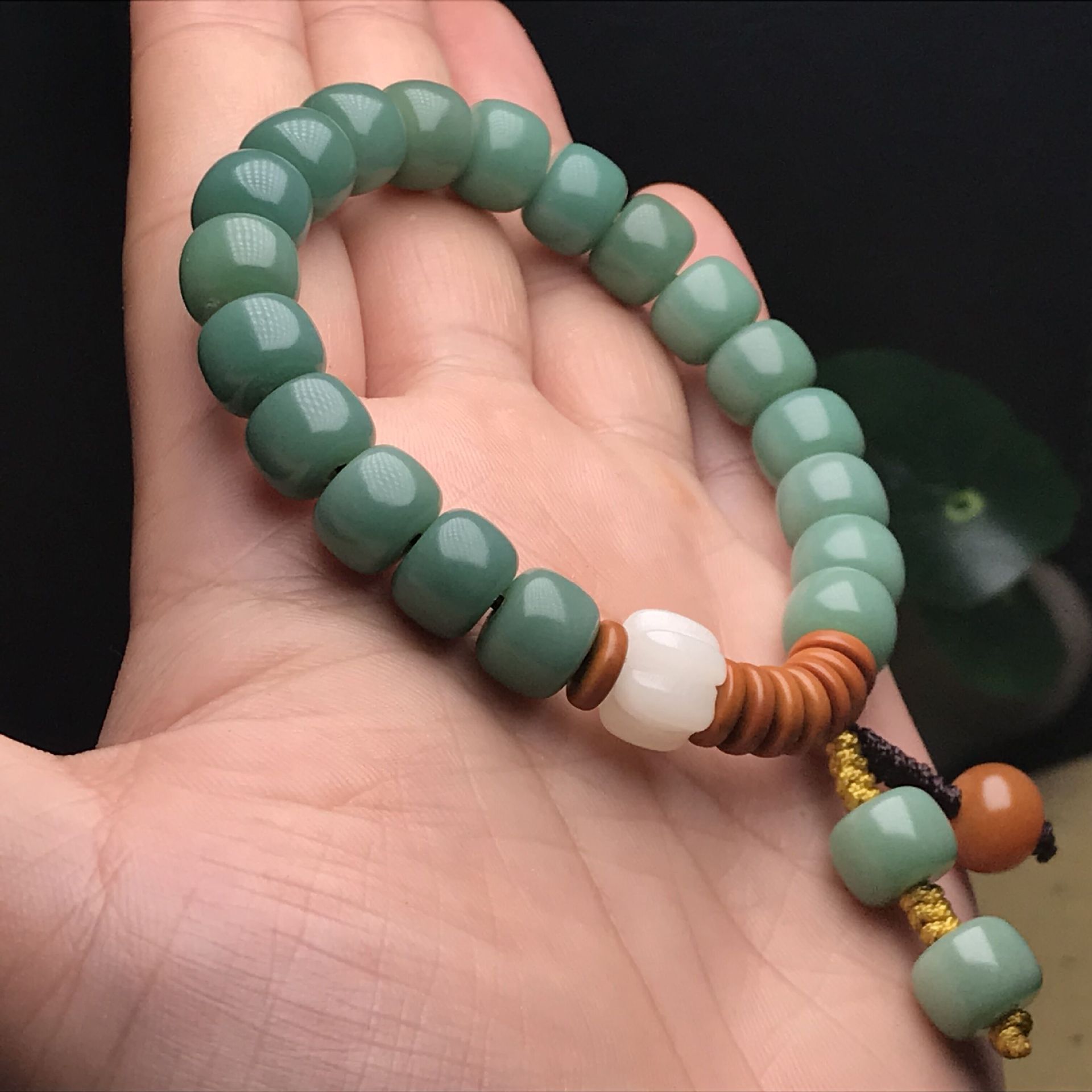 Green Bodhi Root Bracelet for Women with White & Brown Accents - Image 5