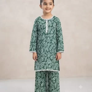 2 Pcs Girl's Cotton Printed Shirt And Trouser Suit