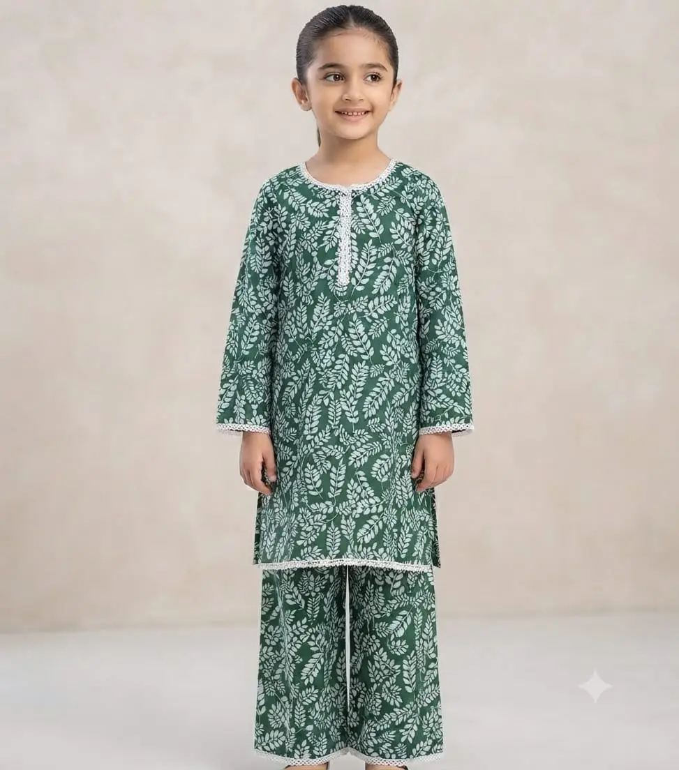 2 Pcs Girl's Cotton Printed Shirt And Trouser Suit
