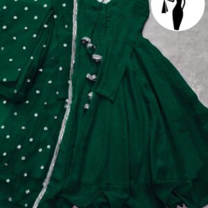 Green V-Neck Chiffon Maxi Suit 3Pcs With Lace Dupatta