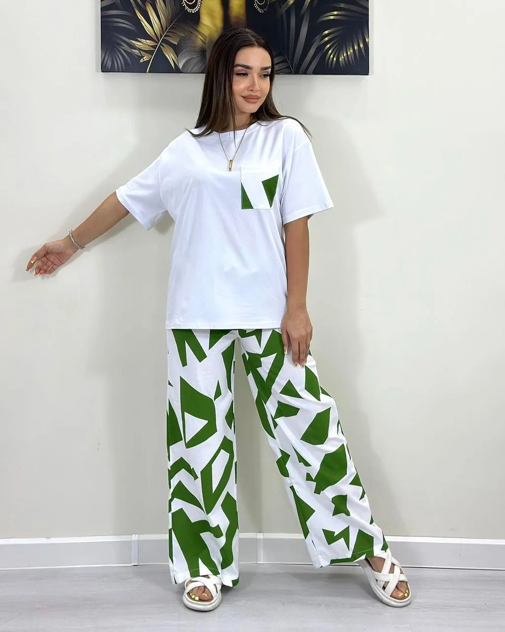 Women Printed Green & White Polyester Dry Fit Night Suit