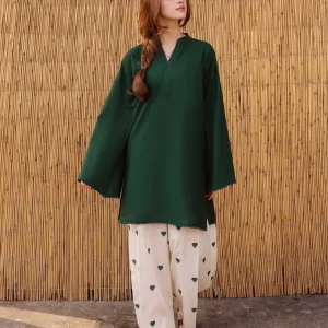 Women's Heart Printed Summer Linen 2 Piece Flapper Suit with V Neck Shirt