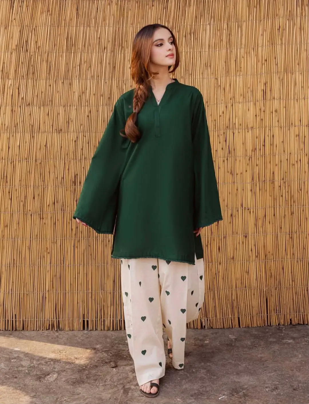 Women's Heart Printed Summer Linen 2 Piece Flapper Suit with V Neck Shirt