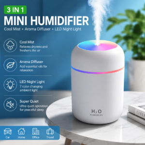 Portable Mini 3-in-1 USB Air Humidifier, Aroma Diffuser & LED Night Light