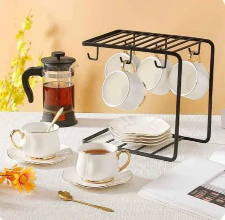 Black Metal Mug Stand with Hanging Design for Kitchen