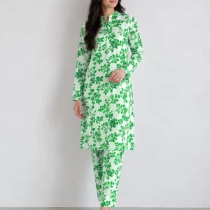 2 Pcs Women's Unstitched Printed Polo Cotton Suit - Green