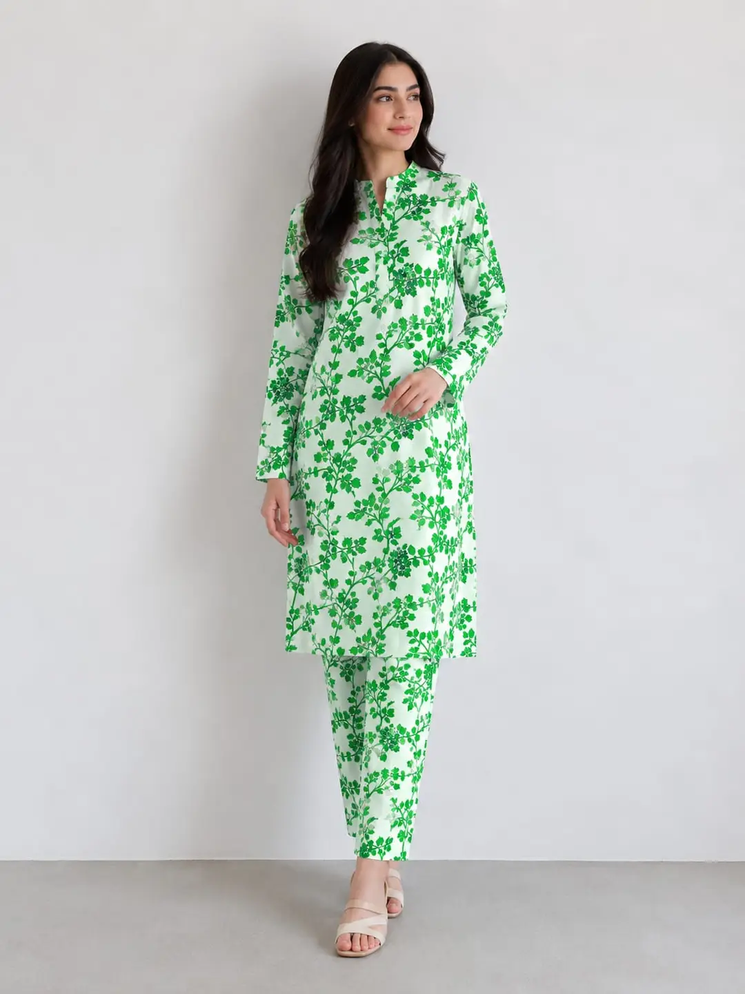 2 Pcs Women's Unstitched Printed Polo Cotton Suit - Green